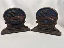 Pair Vintage Bridge Scene Oval Bookends Original Paint Cast Iron Church Village picture