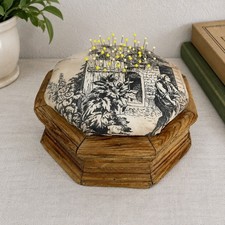 Vintage Hand Carved Wood Pin Cushion Toile Fabric Octagon Sewing Decor 10