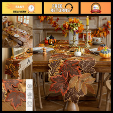 Fall Thanksgiving Table Runner 14 x 86 Inches, Cutwork Embroidered Brown Maple L picture