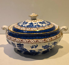 VTG Booths Real Old Willow Blue White Gold Ceramic Soup Tureen w/ Lid A8025 picture
