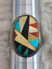 Vintage Zuni Sterling Silver Multi Stone Geometric Inlay Ring Size 11.5 picture