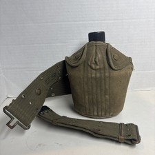 Vintage US Military Canteen w/ Canvas Cover & Web Belt Strap Marked S MCO 1943 picture