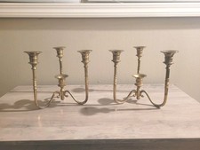 VTG MCM Set Brass 3 Arm Tabletop Candelabra Candlestick 4 Candle Holder 7.5