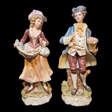 Vintage Kato Kogei 15in Porcelain Figurine Pair Victorian Couple Flowers Japan picture