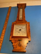 1930s Art Deco walnut aneroid Barometer and Thermometer Made in England picture