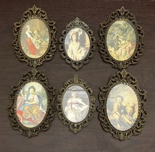 Vintage Italian Brass Filigree Oval Frames Art Prints Set 6 Action Italy Rococo picture