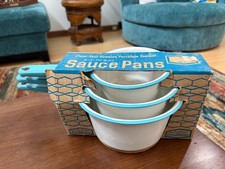THREE Vintage 1960s Clean Easy Porcelain Enamel Sauce Pans Turquoise White SET 3 picture
