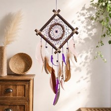 Boho Rattan Dream Catcher with Peacock Feathers - Rustic Wall Decor Art for Bedr picture