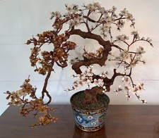 Chinese Hardstone Bonsai Tree Sculpture, Large, in Cloisonné Pot picture