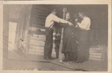 1910/20s Vintage photo of 2 men and woman laughing on a porch, found photos picture