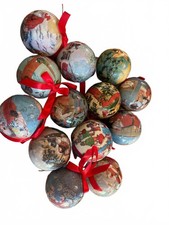 Lot of 13 Vintage Style Christmas Ornaments with Holiday Scenes and Red Ribbon picture