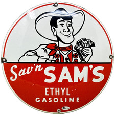 VINTAGE SAV'N SAM'S GASOLINE PORCELAIN SIGN ETHYL GAS STATION MOTOR OIL PUMP picture