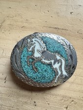 Vintage 1979 Little White Dove Horse Belt Buckle Turquoise Inlay Western Cowboy picture