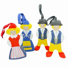 Hand Painted Swedish Wooden Folk Art Girl Boy Wood Figurine Ornaments Set 4 VTG picture