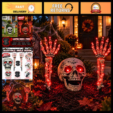 Light Up Halloween Skeleton Decorations - Skull Head & Hands Stake Lights, Red L picture