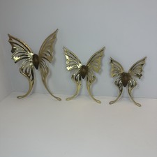 Mid Century Modern Brass Butterflies Wood Bodies Set 3 Wall Decor Vintage Home picture