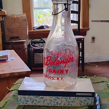 Belanger Dairy Clear Glass Milk Bottle w/ Metal Cap, Red Lettering, NY-Qt? picture