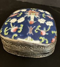 Vintage Chinese Shard Box 3.5 Inch Square Porcelain & Repousse White Metal Tin picture