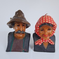 Vintage Folk Art Wax Candle Bust Figurines Hand Painted Set of 2 Never Used picture