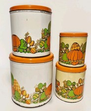 4 RARE VINTAGE 1970’s BALLONOFF METAL MUSHROOM CANISTERS W/ ORANGE LIDS ~ RETRO picture