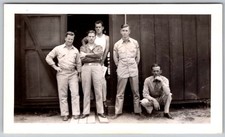 Vtg B&W Snapshot Group Five Men Workwear Military Barracks Wooden Building 1940s picture