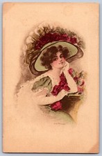K17/ Artist Signed Postcard c1910 Woman Large Hat Flowers 242 picture