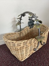 Vintage Large Wicker Basket With Metal Handle Glass Grapes Metallic Leaves picture