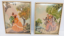 2 VTG ANTIQUE SILHOUETTE REVERSE PAINTED LOVERS CONVEX GLASS VICTORIAN PICTURES picture
