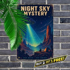 Wilderness Spotlight Silhouette UFO Encounter Metal Tin Sign 8x12 picture