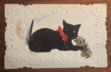 Antique Black Winking Cat Postcard 1935 Rare Halloween Hand Made 13-A picture