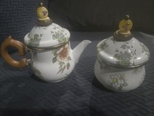  1995 Camp MacKenzie Childs Ltd White Floral Enamelware Teapot And Sugar Bowl picture
