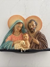 VINTAGE ITALIAN CHALKWARE HAND PAINTED JESUS MARY JOSEPH WALL PLAQUE picture