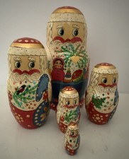 Vintage Russian Matryoshka 5 Piece Santa Christmas Nesting Dolls Artist Signed picture