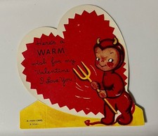 Rare Vtg 1940s Halloween Valentine Card Cute Devil Boy Heart Pitchfork Kitsch picture