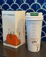 Starbucks Peanuts Snoopy Pumpkin Insulated Thermos Coffee Cup Mug 16 oz In Hand picture