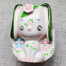 Vintage Made in Japan Ceramic Big eyed bunny planter Hand Painted Floral picture