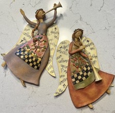 Set Of 2 Angels Collectibles Christmas Wall Decor Musical Theme Trumpets Dancing picture