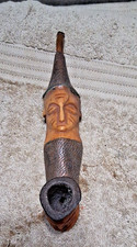 RARE ART ANTIQUE CHOKWE PEOPLES CARVED OX AND COPPER CEREMONIAL SMOKING PIPE picture