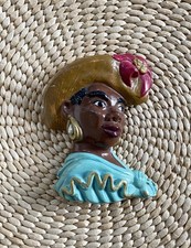 Vtg Hand-Painted Chalk-ware Woman Face Wall Plaque Plaster Bust Signed Rae 6” picture