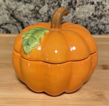 Temptations By Tara Pumpkin Candy Dish W/Lid Jack O Lantern Ceramic 4 1/2” picture