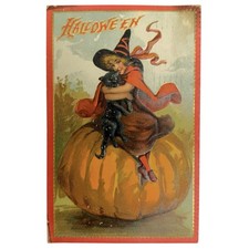 Antique 1910 Tuck & Sons Halloween Series #174 Postcard Pretty Witch Black Cat picture