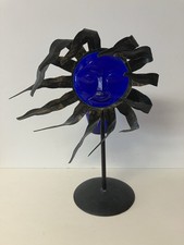 Natural Wonders Vtg 90s Celestial Sun Colbalt Blue Glass Metal Candle Holder picture