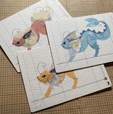 Pokemon Eeveelutions Yoga Pose ACEO/ATC Set - Flareon, Jolteon & Vaporeon Prints picture