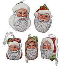 5 vtg Christmas Ornaments SANTA FACES ceramic finely hand painted artisan 70s picture