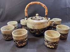 Vtg Otagiri Somayaki Teapot Set Green Crackle Hearts Double Walled Gold 10pc set picture