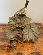 Vintage Bronze Bird on Grape Vine Leaves Antique Sculpture 8