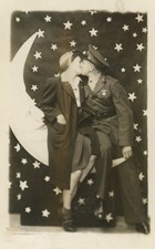 Paper Moon Crescent Couple Kissing Woman Man US Marine RPPC VTG Photo 1944 picture