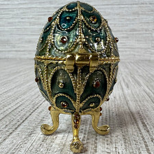 Green & Gold Monet Jeweled Egg Trinket Box Hinged with Feet on Legs picture