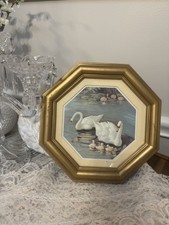 Vintage Octagon Gold Framed Swan Print Wall Art Lake Scenery Cottagecore Decor picture