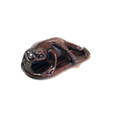 Japanese Antique Wood Netsuke Frog Toad on Waraji Sandal Carving Meiji Period picture
